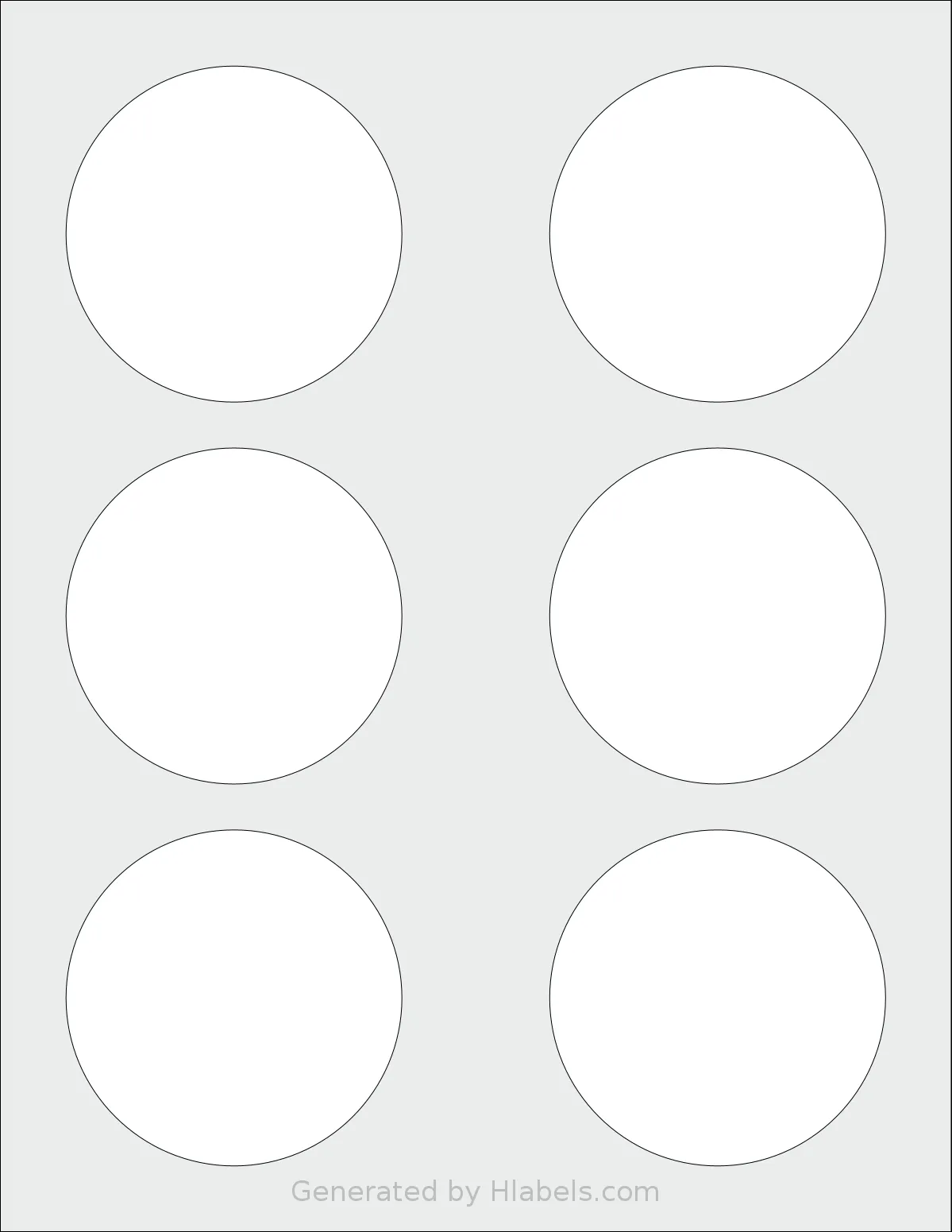 PonyPackaging® HB-C006 template with 6 circle labels per sheet, each 3 inch in diameter, on Letter-size adhesive blank label sheets.