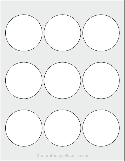 PonyPackaging® HB-C009 template with 9 circle labels per sheet, each 2.5 inch in diameter, on Letter-size adhesive blank label sheets.