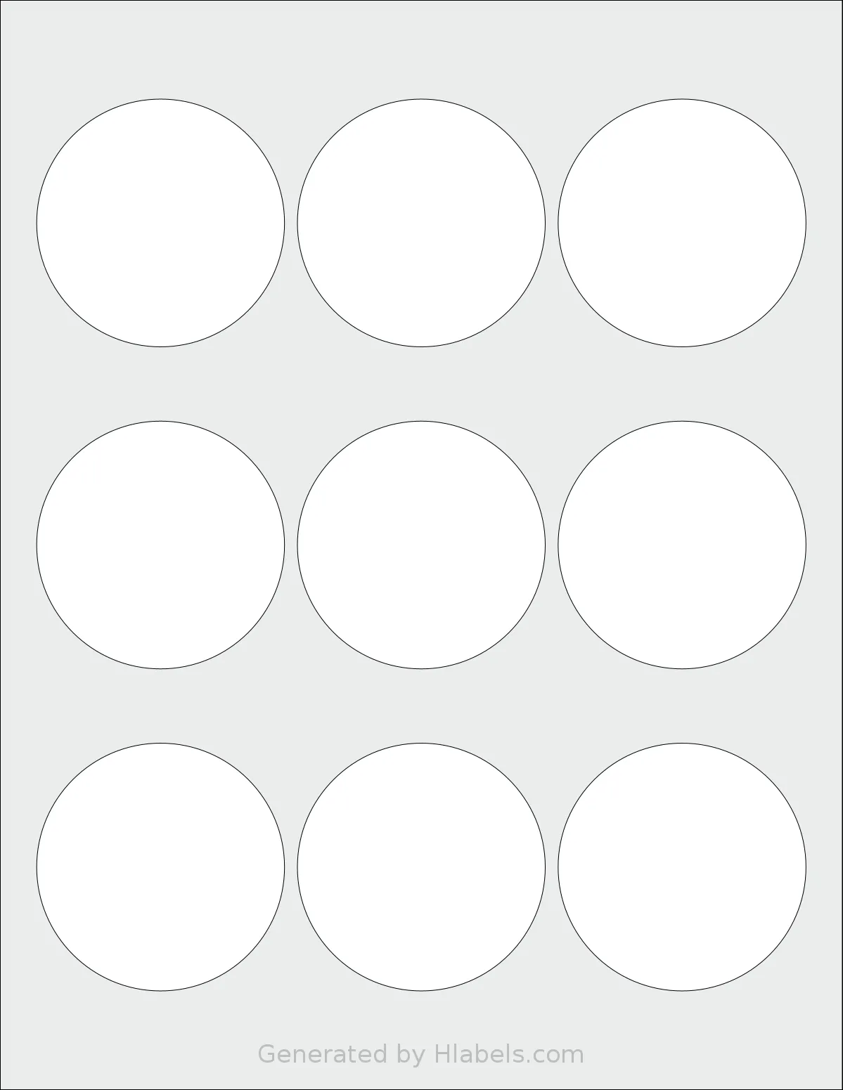 PonyPackaging® HB-C009 template with 9 circle labels per sheet, each 2.5 inch in diameter, on Letter-size adhesive blank label sheets.