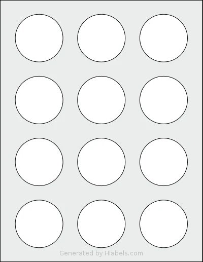 PonyPackaging® HB-C012 template with 12 circle labels per sheet, each 2 inch in diameter, on Letter-size adhesive blank label sheets.