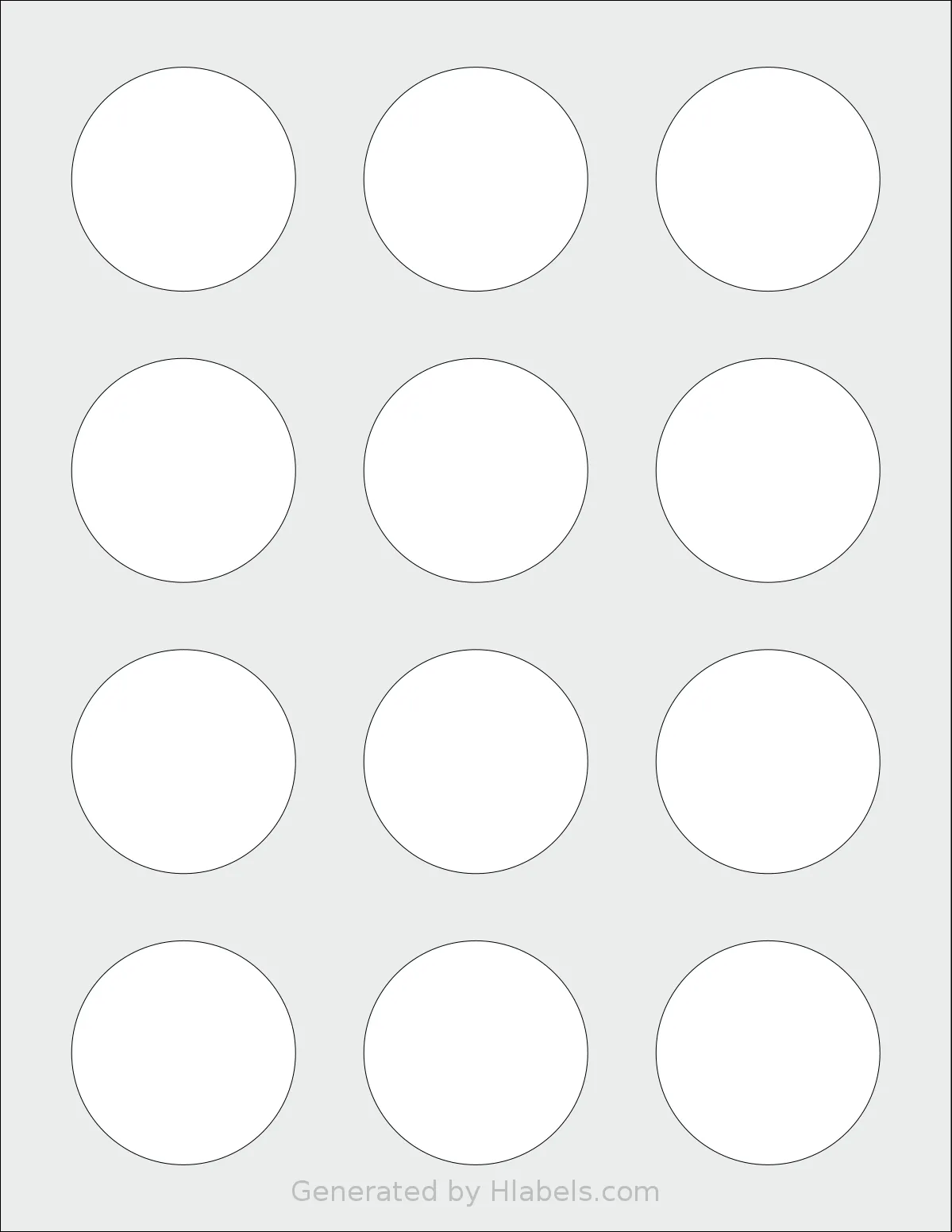 PonyPackaging® HB-C012 template with 12 circle labels per sheet, each 2 inch in diameter, on Letter-size adhesive blank label sheets.