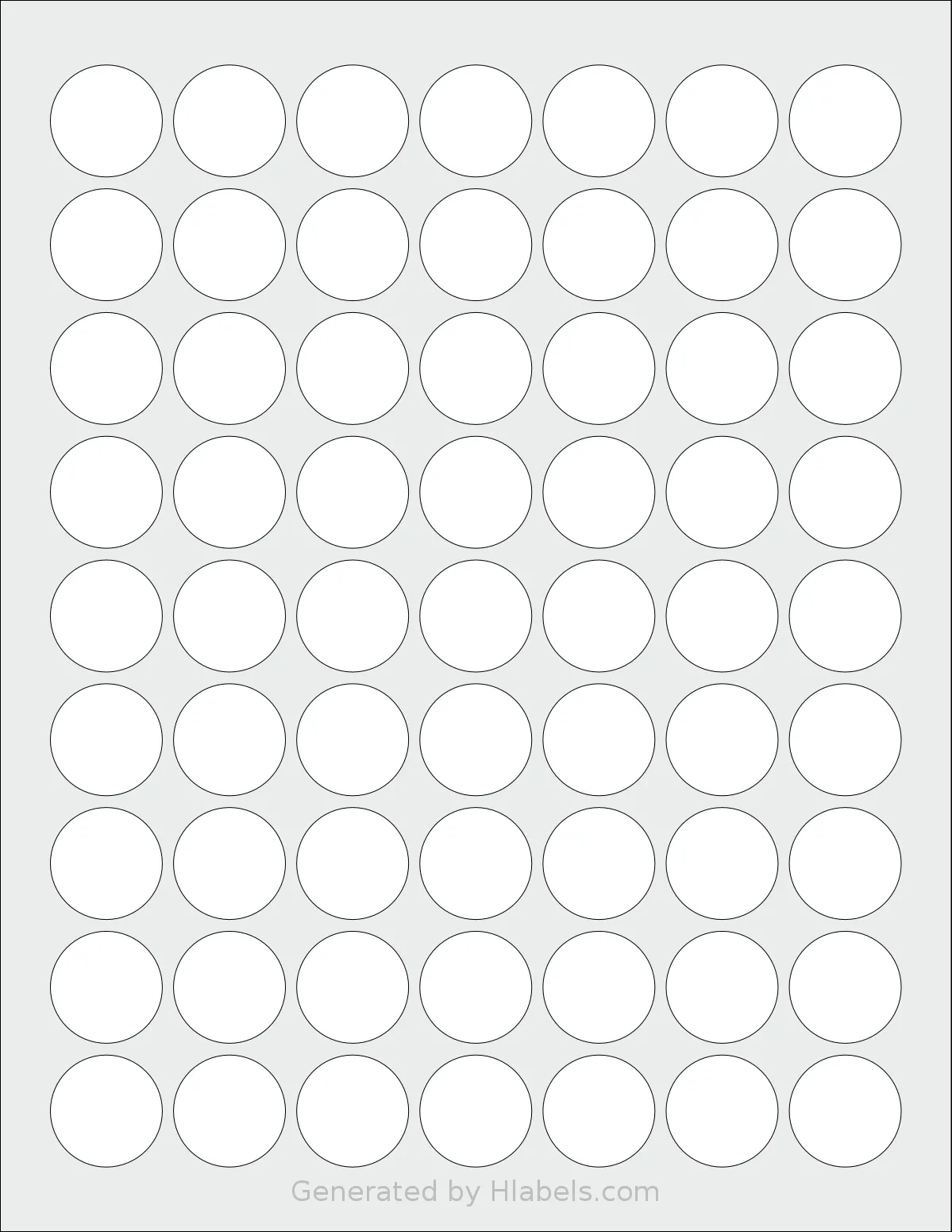 PonyPackaging® HB-C063 template with 63 circle labels per sheet, each 1 inch in diameter, on Letter-size adhesive blank label sheets.