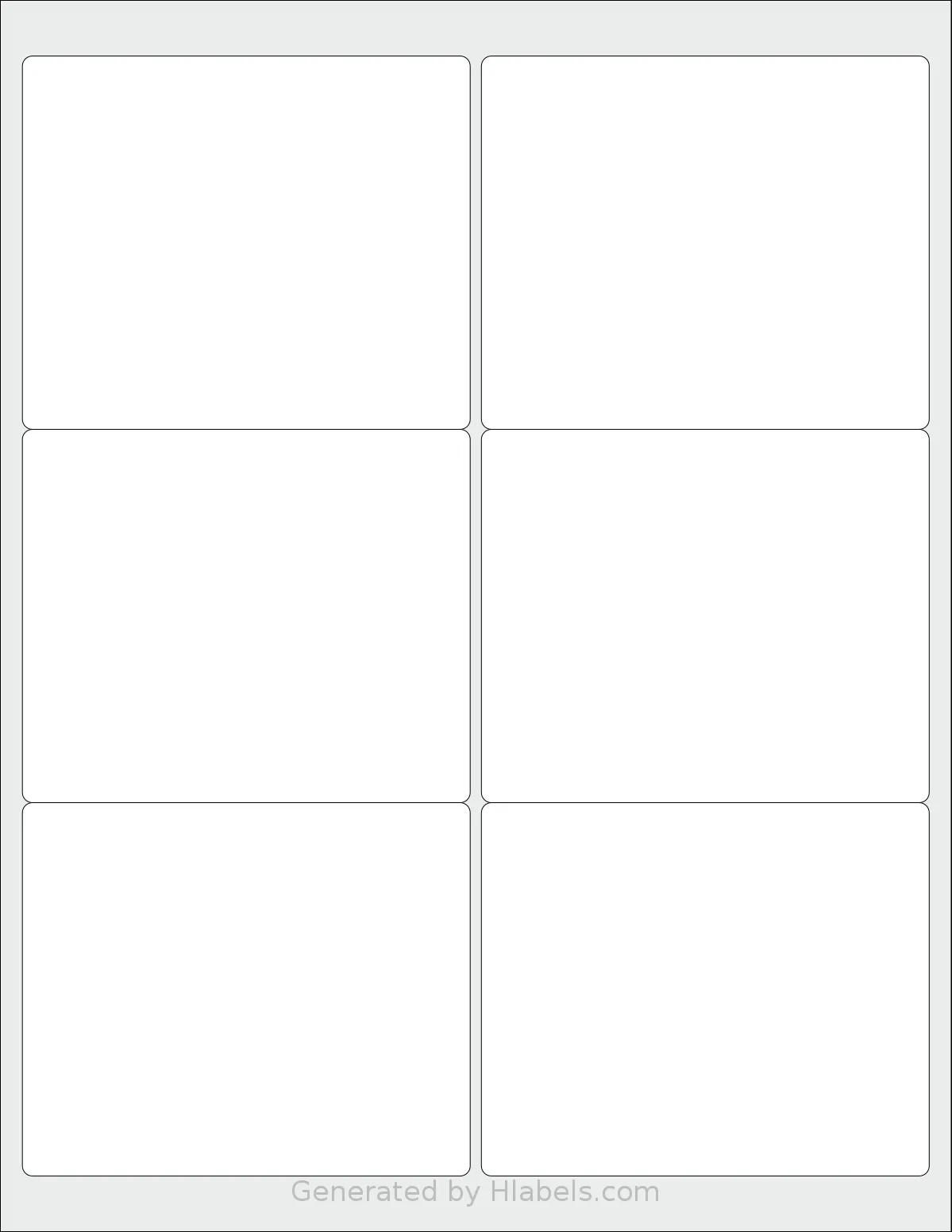 PonyPackaging® HB-R006 template with 6 rectangular 4 x 3.3333 inch labels per sheet, on Letter-size adhesive blank label sheets.