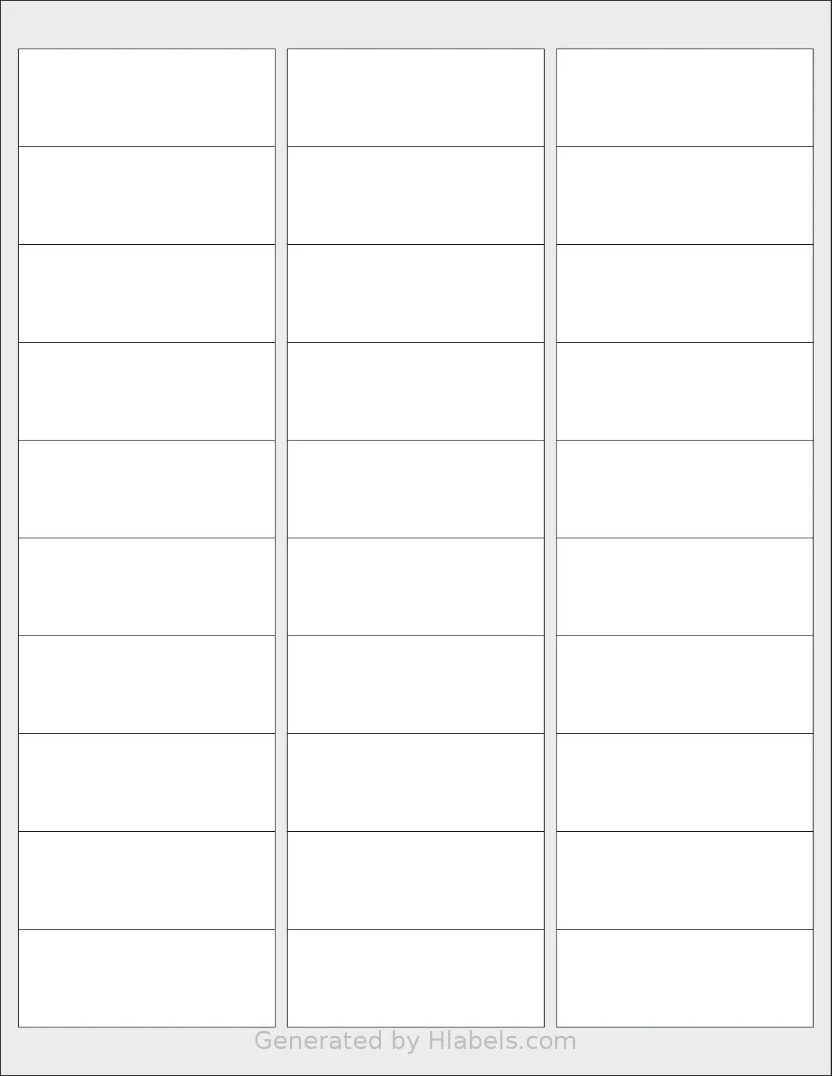 SheetLabels® SL100 template with 30 rectangular 2.625 x 1 inch labels per sheet, on Letter-size adhesive blank label sheets.