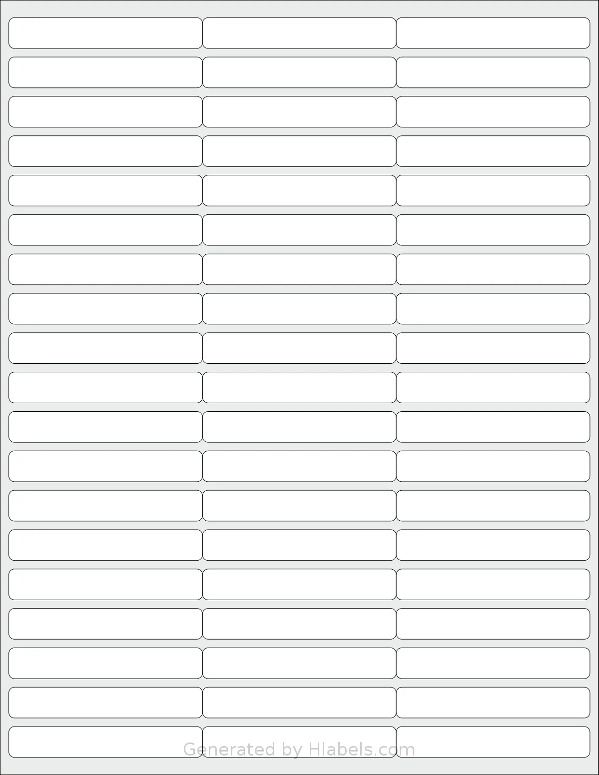 SheetLabels® SL132 template with 57 rectangular 2.75 x 0.4375 inch labels per sheet, on Letter-size adhesive blank label sheets.