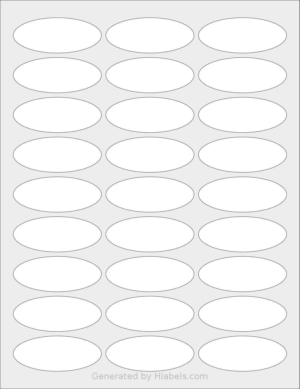 SheetLabels® SL1375 template with 27 oval 2.5 x 1 inch labels per sheet, on Letter-size adhesive blank label sheets.