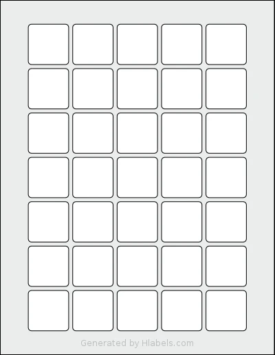 SheetLabels® SL1646 template with 35 square 1.25 x 1.25 inch labels per sheet, on Letter-size adhesive blank label sheets.