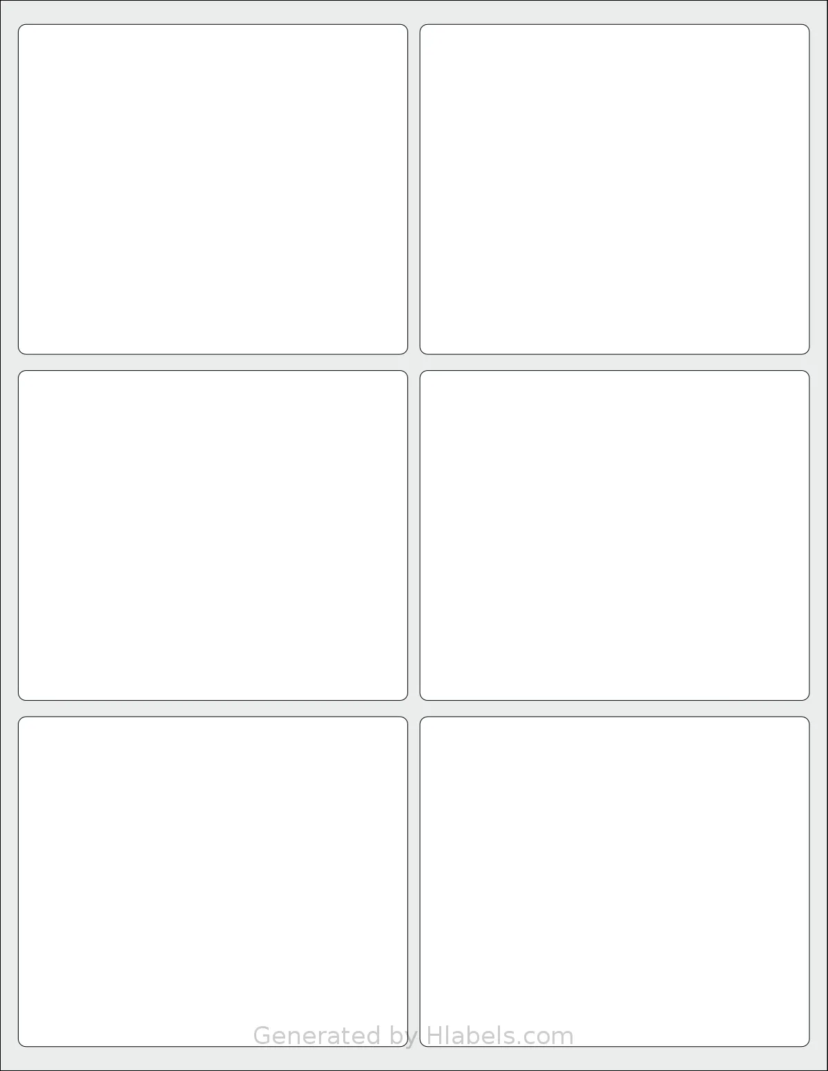 SheetLabels® SL498CP template with 6 rectangular 4 x 3.3889 inch labels per sheet, on Letter-size adhesive blank label sheets.