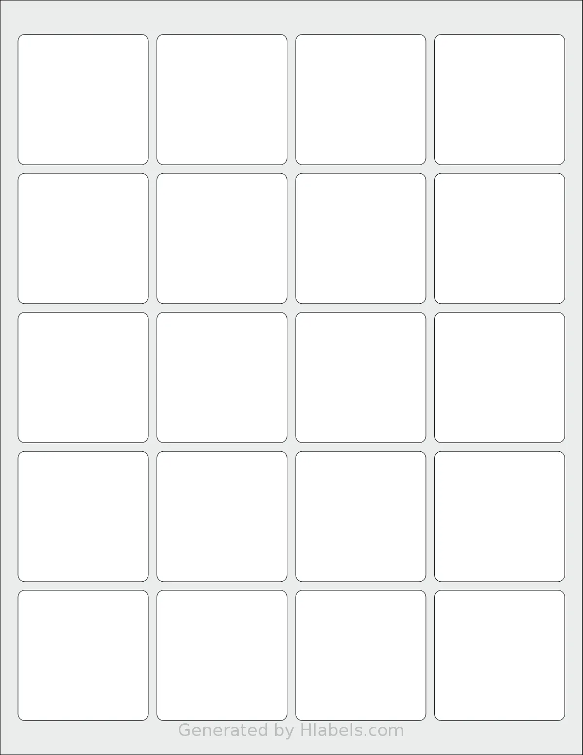 SheetLabels® SL546 template with 20 square 1.9 x 1.9 inch labels per sheet, on Letter-size adhesive blank label sheets.
