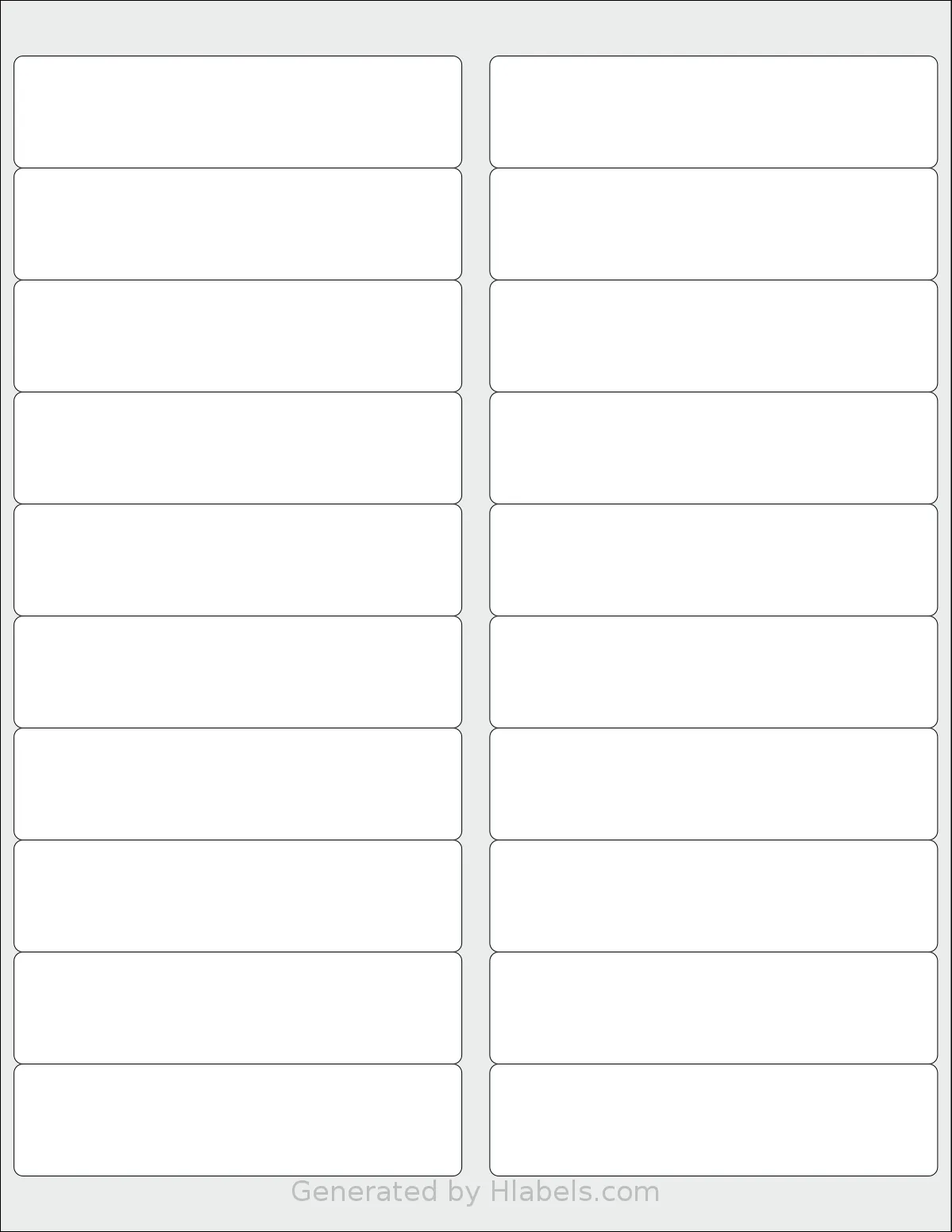 SheetLabels® SL550 template with 20 rectangular 4 x 1 inch labels per sheet, on Letter-size adhesive blank label sheets.