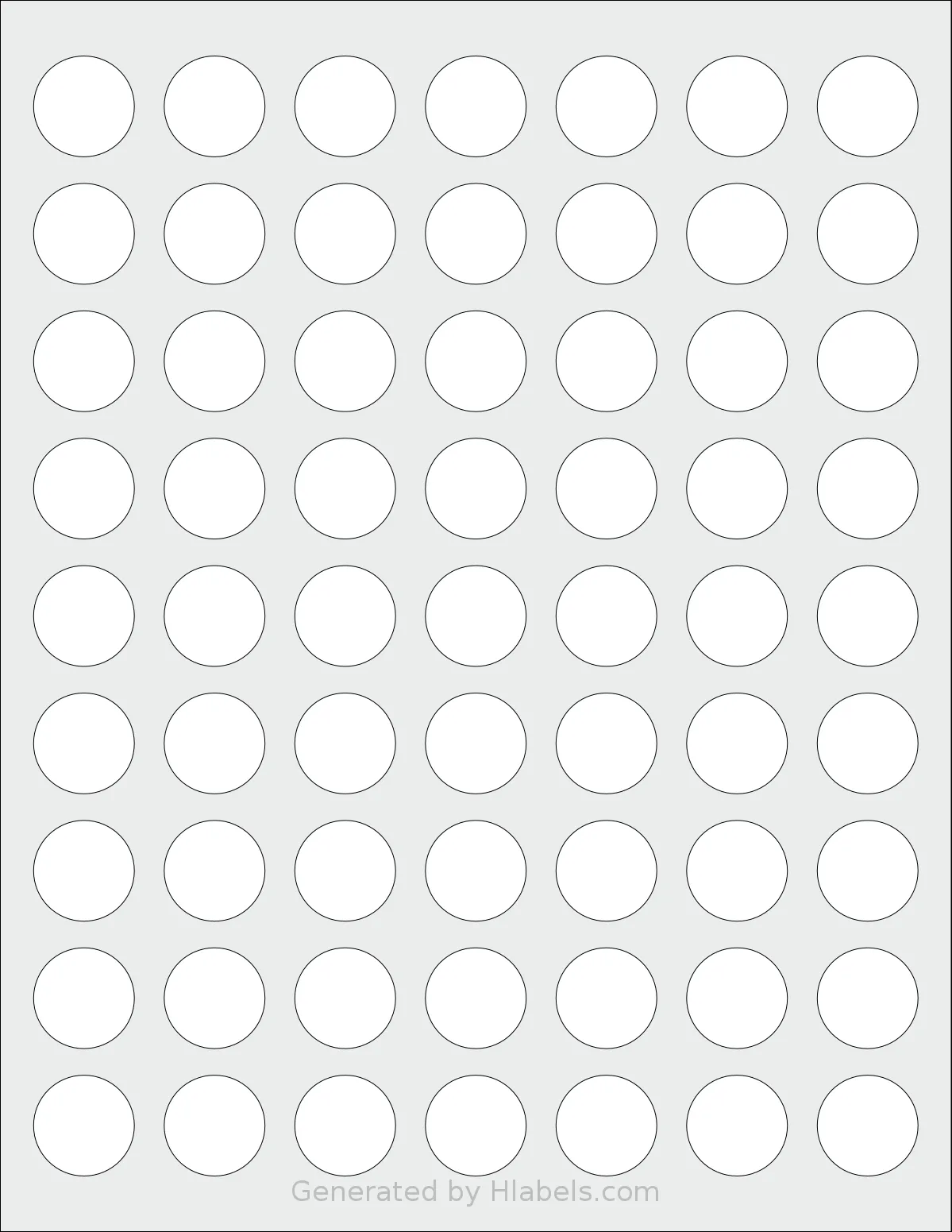 SheetLabels® SL714 template with 63 circle labels per sheet, each 0.9 inch in diameter, on Letter-size adhesive blank label sheets.