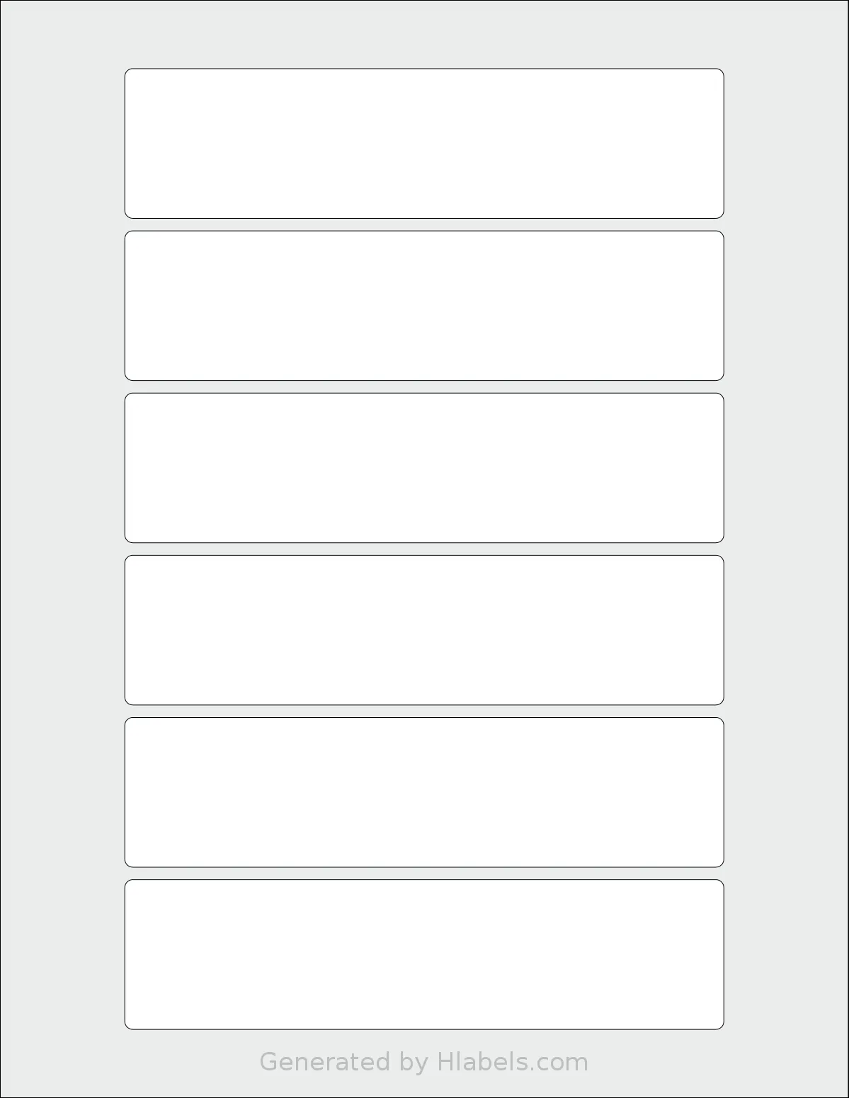 SheetLabels® SL989 template with 6 rectangular 6 x 1.5 inch labels per sheet, on Letter-size adhesive blank label sheets.