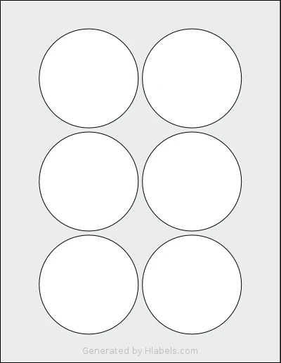 SmithCorona® S213W template with 6 circle labels per sheet, each 3 inch in diameter, on Letter-size adhesive blank label sheets.