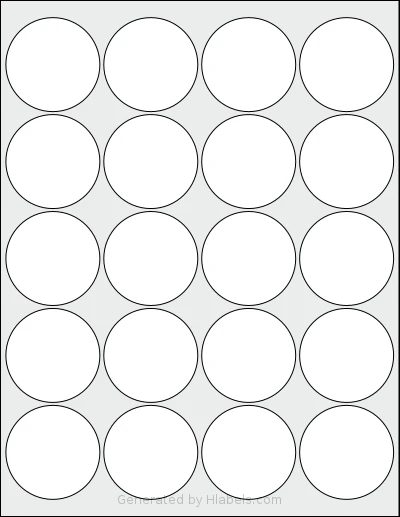 SmithCorona® S585W template with 20 circle labels per sheet, each 2 inch in diameter, on Letter-size adhesive blank label sheets.