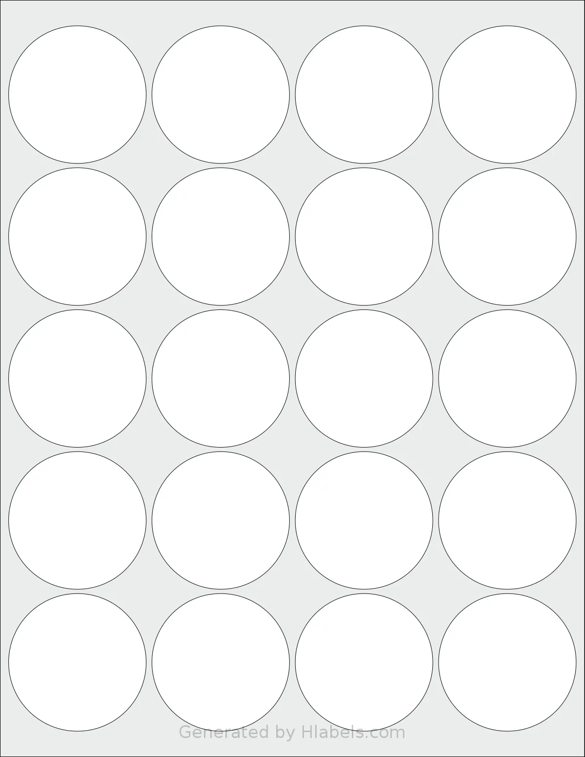 SmithCorona® S585W template with 20 circle labels per sheet, each 2 inch in diameter, on Letter-size adhesive blank label sheets.