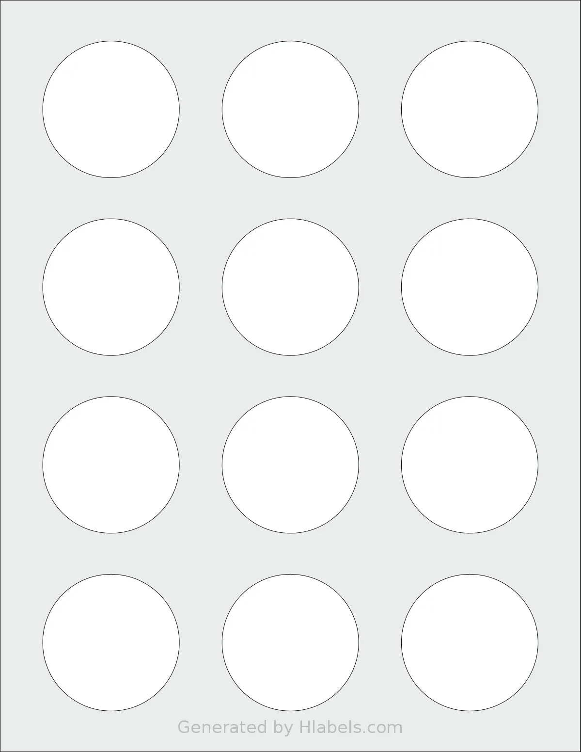 SmithCorona® S77W template with 12 circle labels per sheet, each 2 inch in diameter, on Letter-size adhesive blank label sheets.