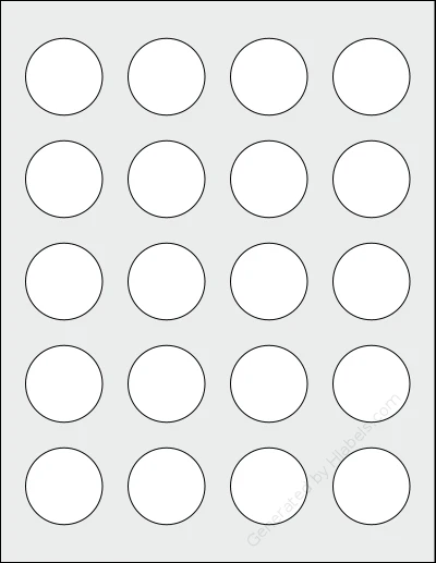 SpartanIndustrial® C001FA template with 20 circle labels per sheet, each 1.5 inch in diameter, on Letter-size adhesive blank label sheets.