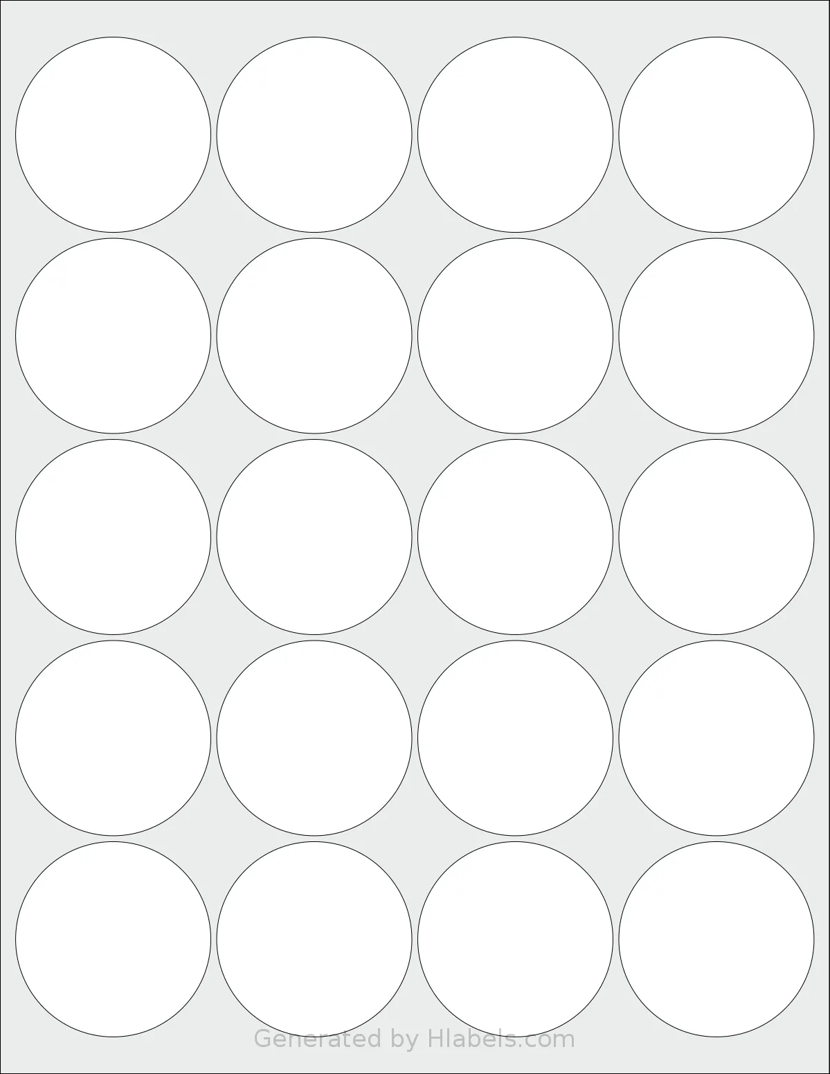 SpartanIndustrial® C004 template with 20 circle labels per sheet, each 2 inch in diameter, on Letter-size adhesive blank label sheets.