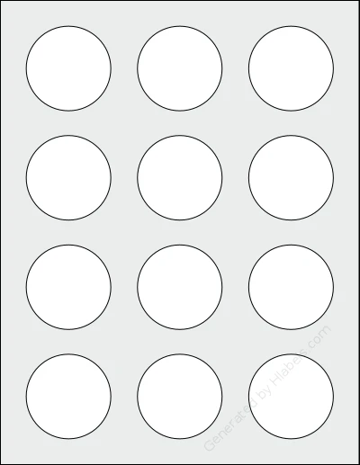 SpartanIndustrial® C004A template with 12 circle labels per sheet, each 2 inch in diameter, on Letter-size adhesive blank label sheets.