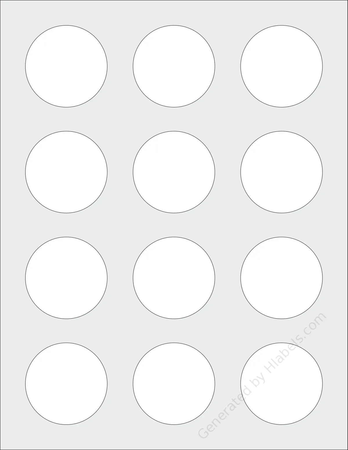 SpartanIndustrial® C004A template with 12 circle labels per sheet, each 2 inch in diameter, on Letter-size adhesive blank label sheets.