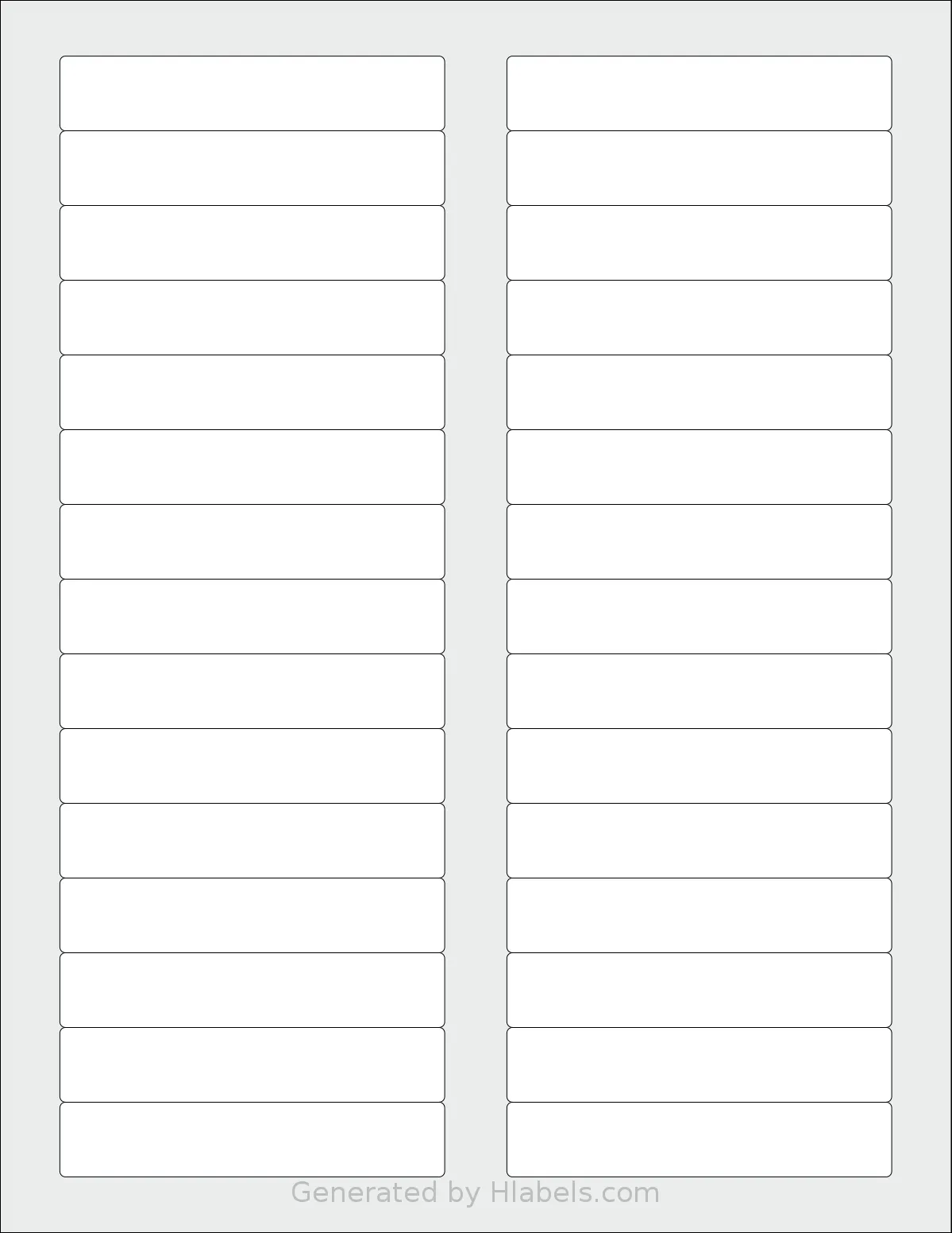 SpartanIndustrial® R012 template with 30 rectangular 3.4375 x 0.6666 inch labels per sheet, on Letter-size adhesive blank label sheets.