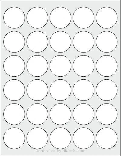 Uline® S-13769 template with 30 circle labels per sheet, each 1.5 inch in diameter, on Letter-size adhesive blank label sheets.