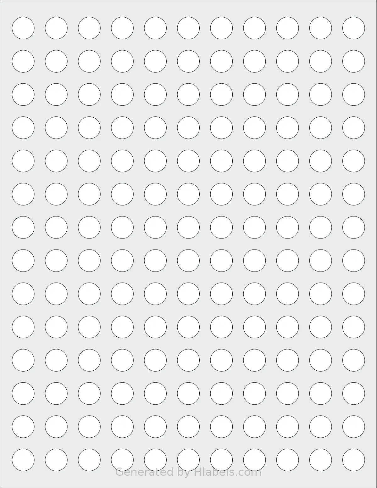 Uline® S-15580 template with 154 circle labels per sheet, each 0.5 inch in diameter, on Letter-size adhesive blank label sheets.