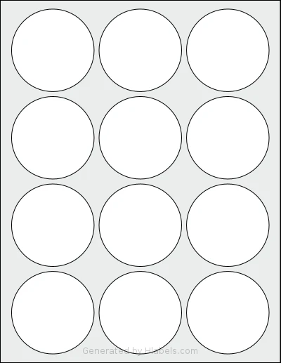 Uline® S-20184 template with 12 circle labels per sheet, each 2.5 inch in diameter, on Letter-size adhesive blank label sheets.