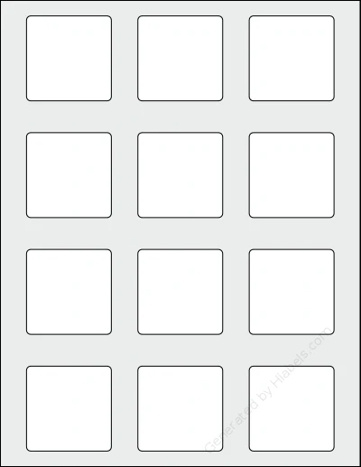 Uline® S-21930 template with 12 square 2 x 2 inch labels per sheet, on Letter-size adhesive blank label sheets.