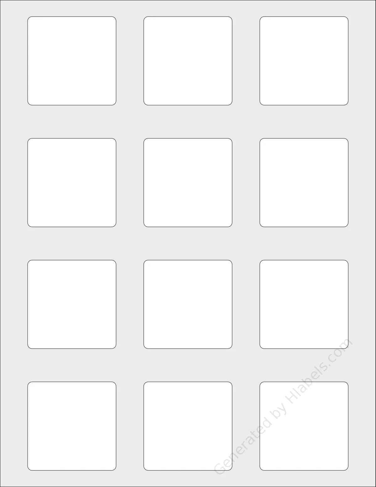 Uline® S-21930 template with 12 square 2 x 2 inch labels per sheet, on Letter-size adhesive blank label sheets.